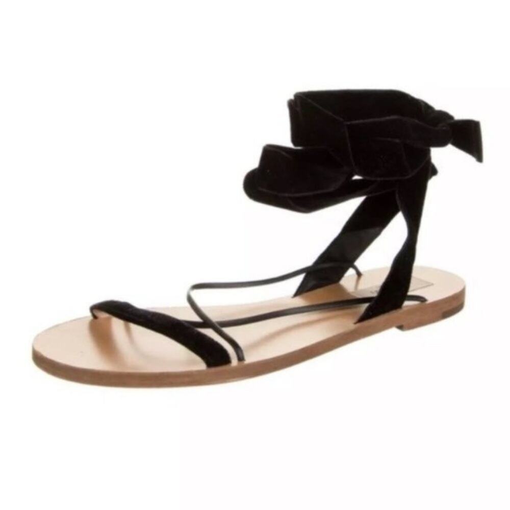 VALENTINO GARAVANI -NEW- Black Velvet Lace-Up Leather Sandal 7|7.5‌‌‌‌‍‍‍‍‍‍‍‍